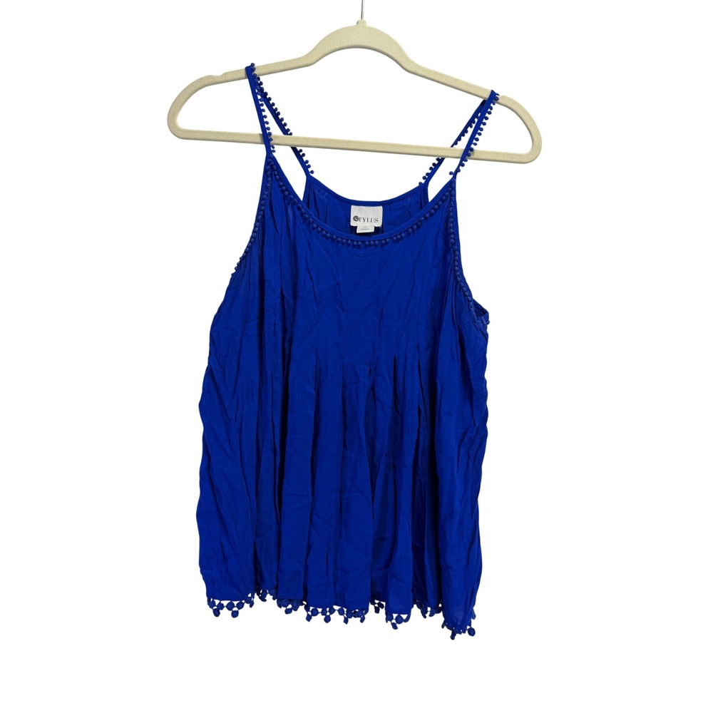 Stylus Royal Blue Pom Pom Trim Pleated Cami Tank Top Petite Large PL Rayon